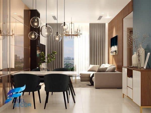 nội thất phòng khách nhà phố liền bếp