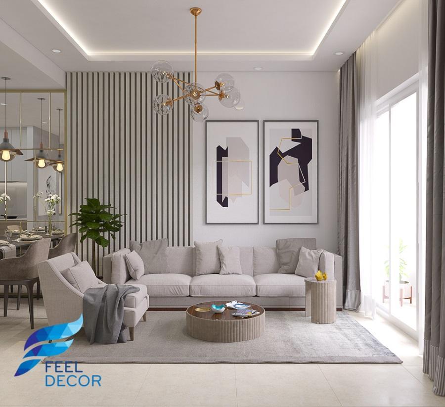 nội thất phòng khách nhà phố tone xám