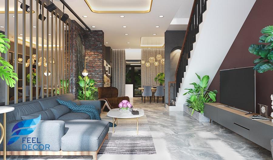 nội thất phòng khách nhà phố hiện đại xanh mát
