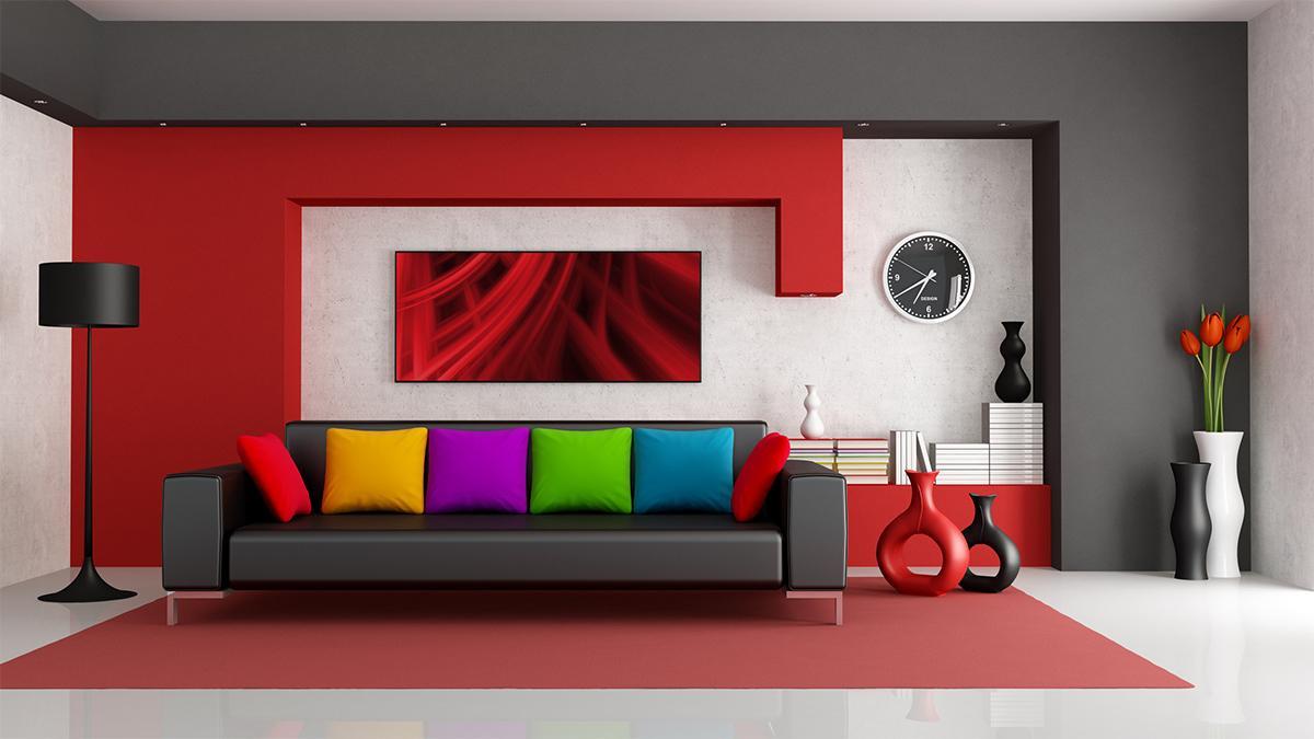 thiết kế phòng khách với thảm lót sàn màu đỏ