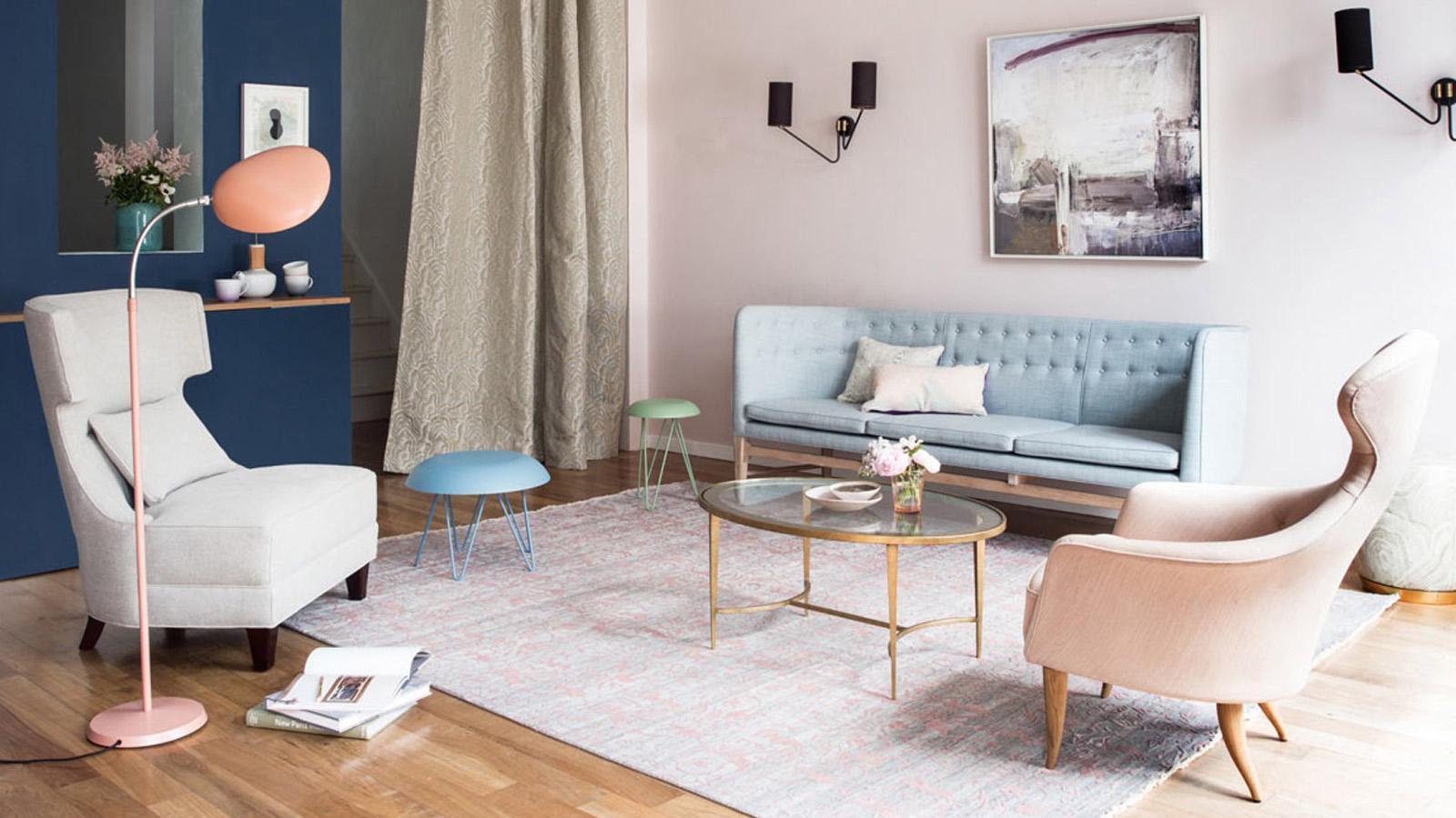 Thiết kế mẫu nội thất phòng khách hiện đại với gam màu pastel