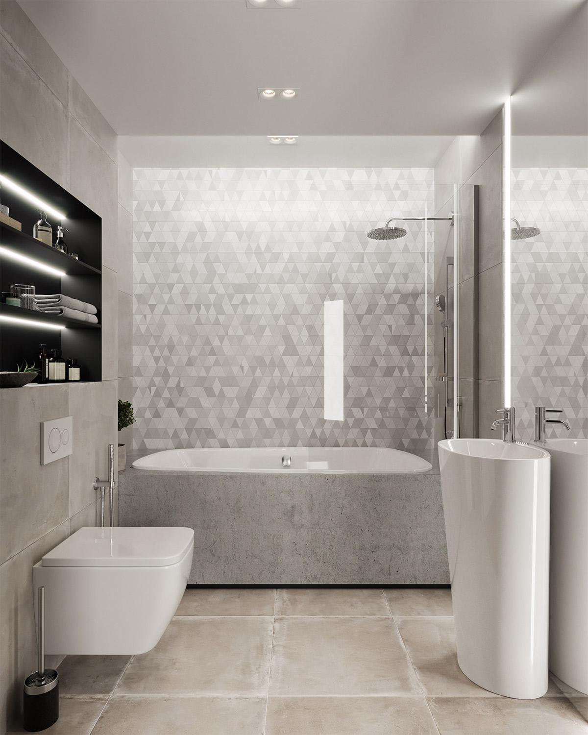 Không gian phòng tắm sang trọng, hiện đại với tone màu trắng tinh khôi. Nội thất đơn giản nhưng đầy đủ công năng cho gia chủ sử dụng.