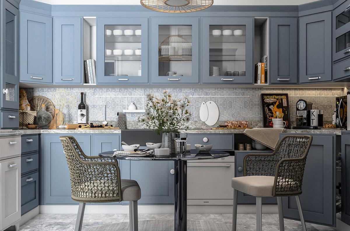 Mẫu phòng bếp hiện đại với gam màu xanh dương pastel 