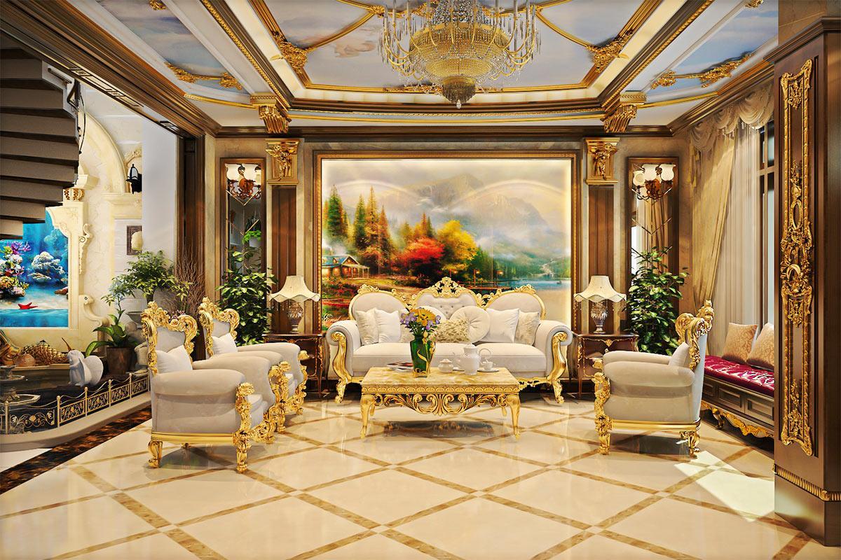 thiết kế phòng khách phong cách hoàng gia