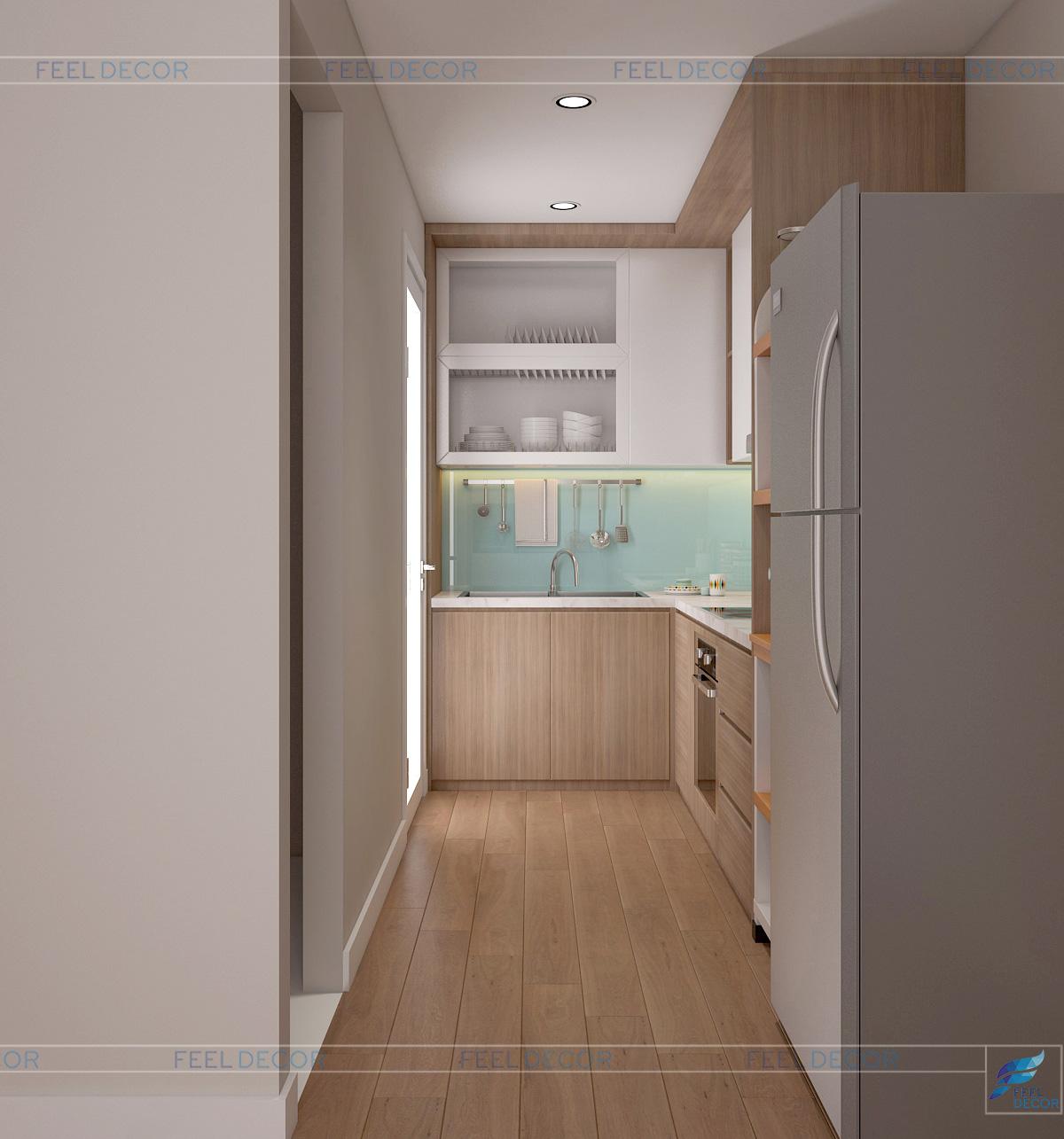 Phối cảnh thiết kế nội thất bếp và quầy bar căn hộ chung cư 73m2