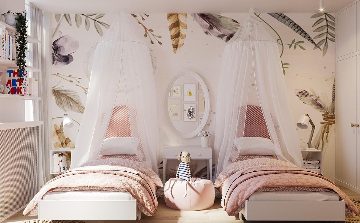 Mẫu thiết kế phòng ngủ ngọt ngào dễ thương, điệu đà phù hợp với các bé gái