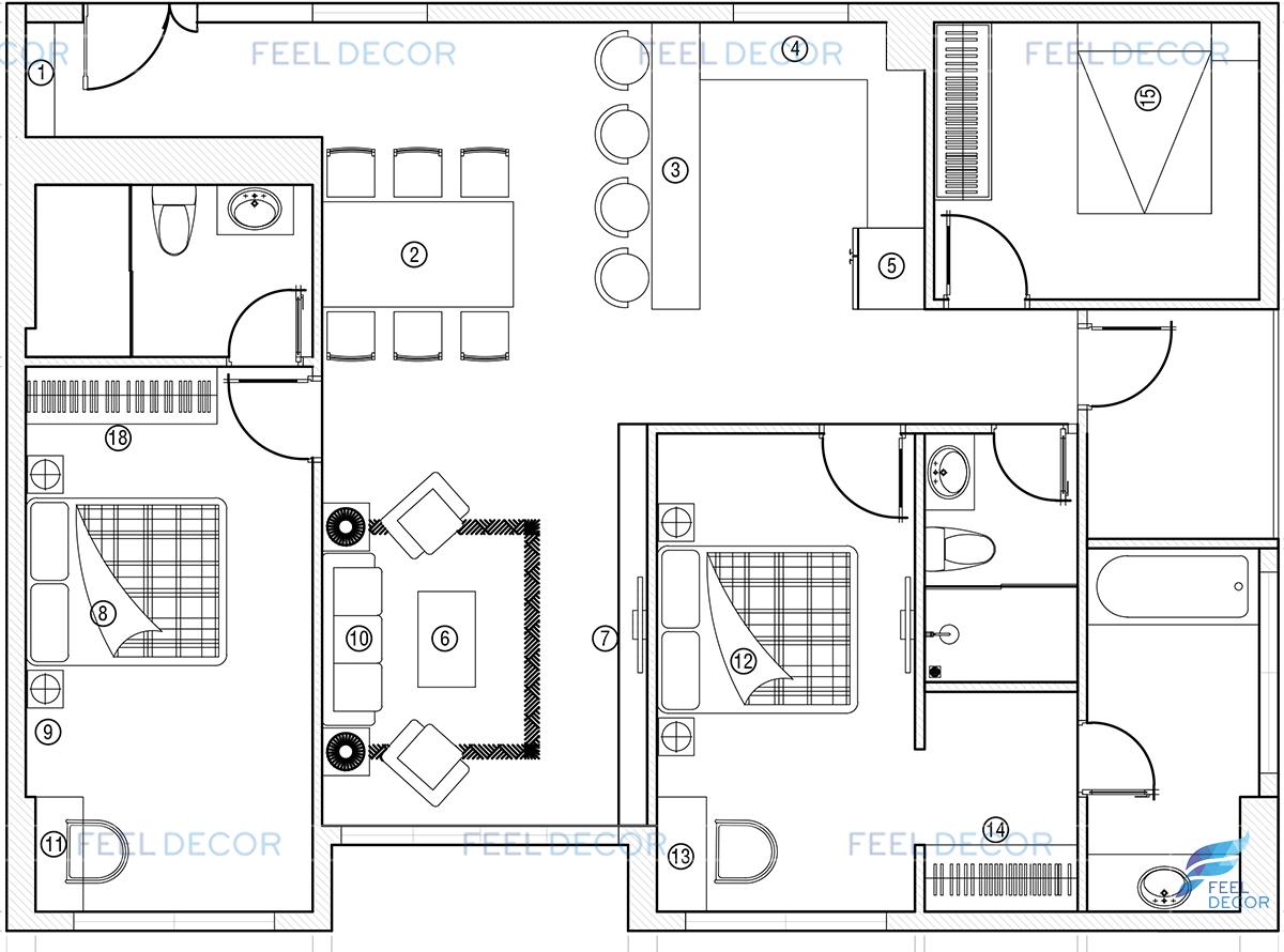 Thiết kế và thi công nội thất căn hộ 100m2 (3PN) chung cư Sky Center – FD1118