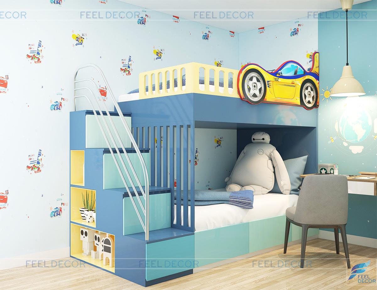 Thiết kế nội thất căn hộ 65m2 có phòng ngủ cho bé trai 