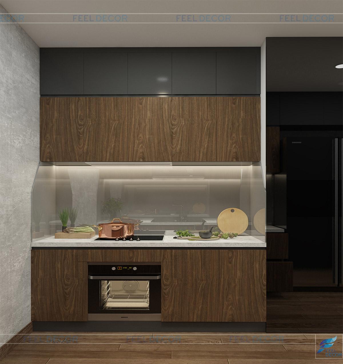 Góc bếp hiện đại trong thiết kế nội thất căn hộ 74m2