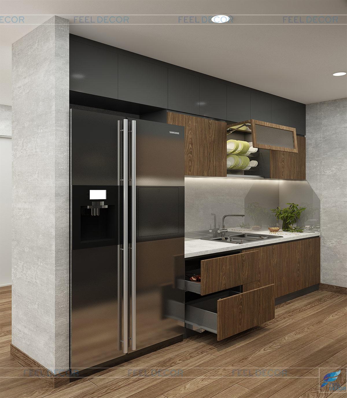 Góc bếp hiện đại trong thiết kế nội thất căn hộ 74m2