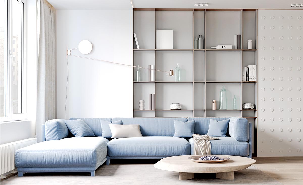 Thiết kế nội thất phòng khách căn hộ màu xanh pastel