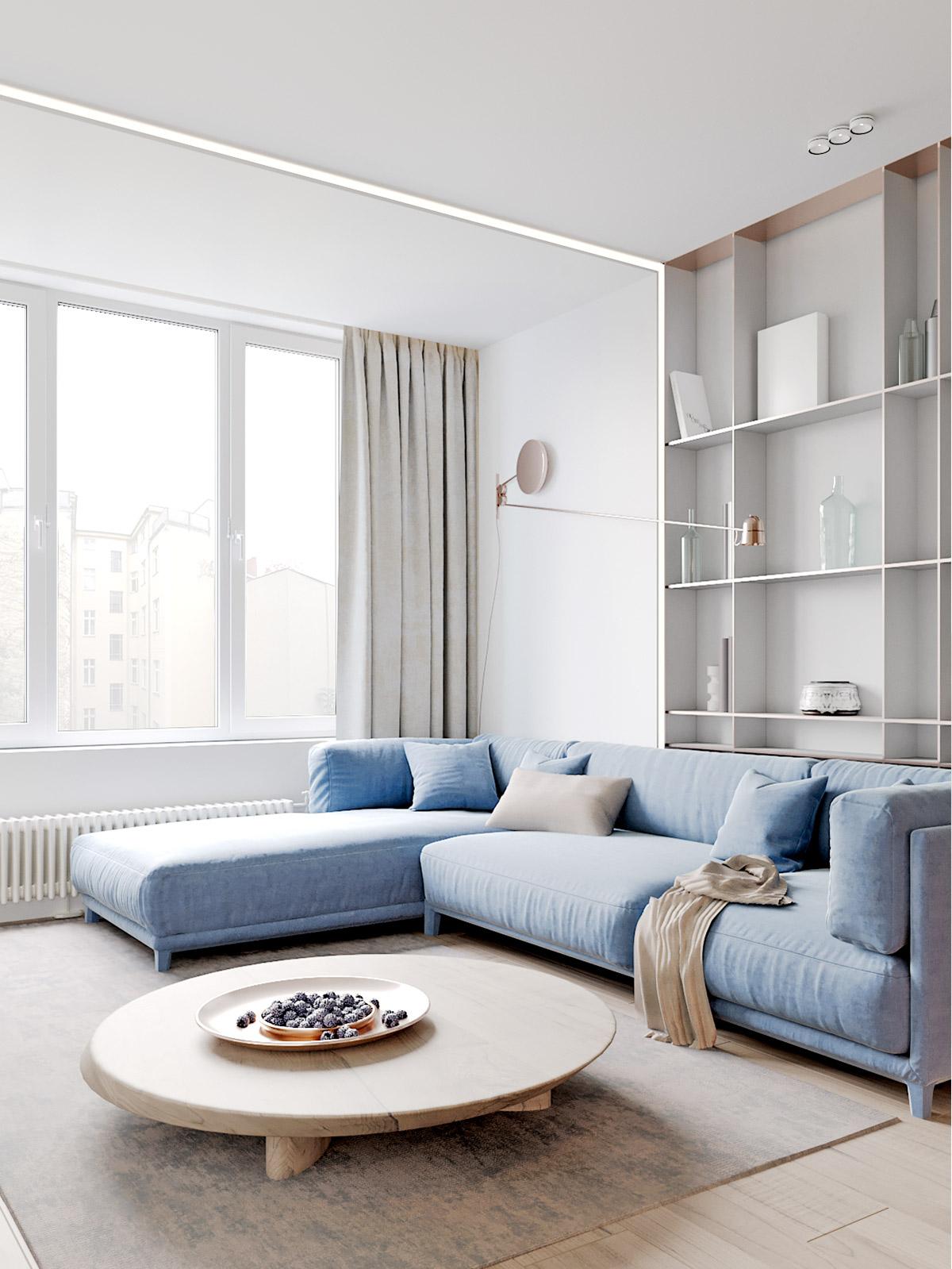 Thiết kế nội thất phòng khách căn hộ màu xanh pastel
