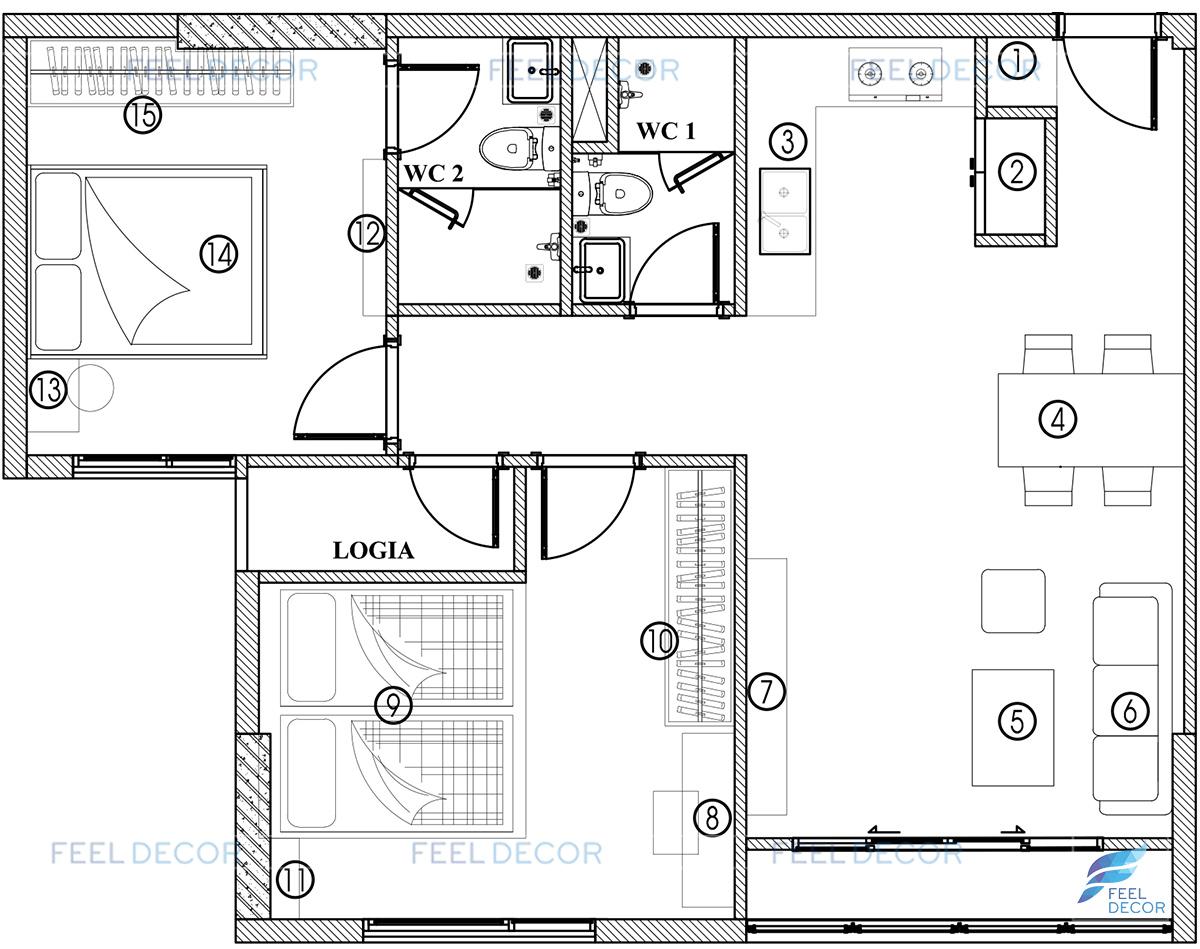mặt bằng thiết kế nội thất căn hộ 72m2 chung cư Millennium Masteri