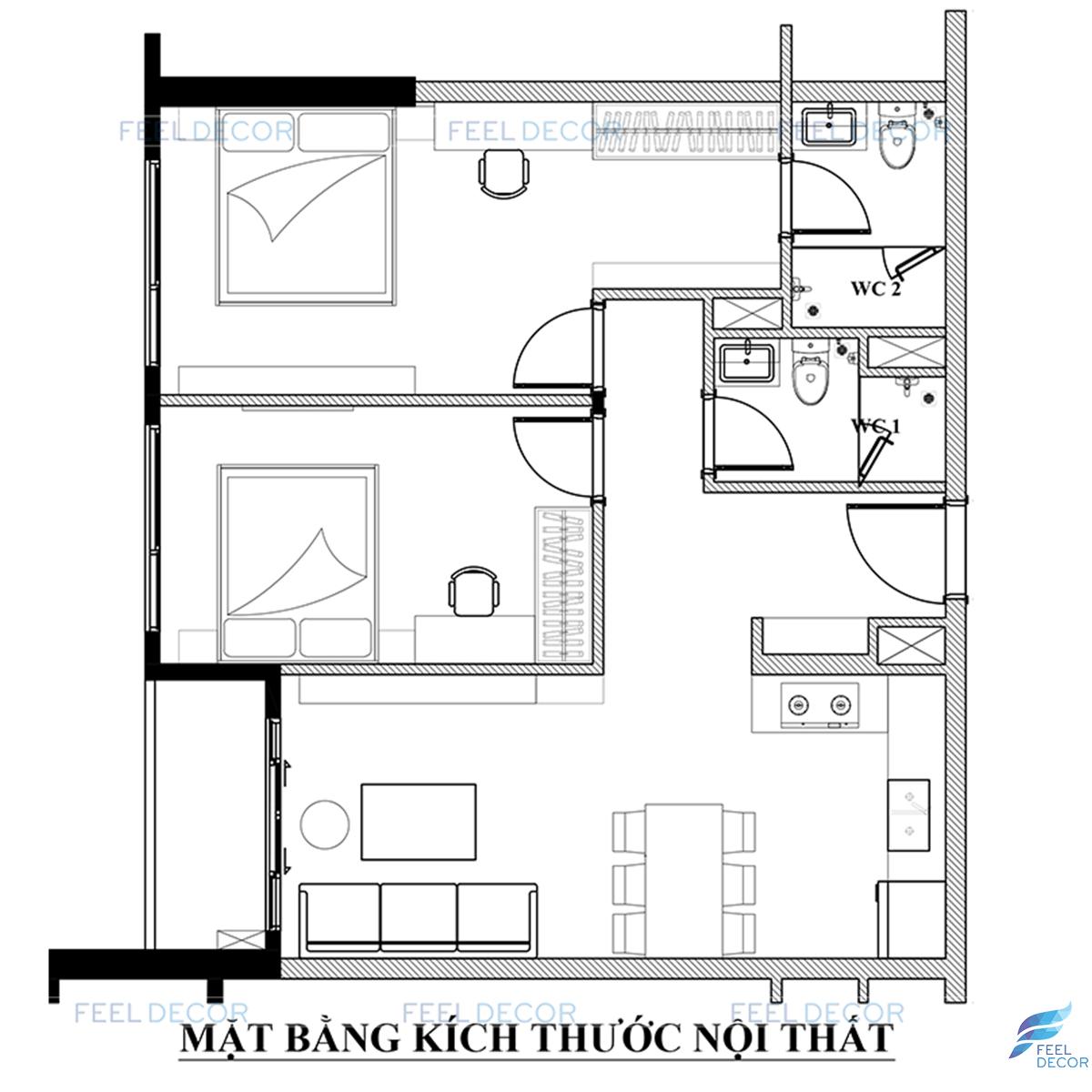 Thiết kế thi công nội thất căn hộ 80m2 (2PN) CC The Sun Avenue NovaLand &124; FD12518