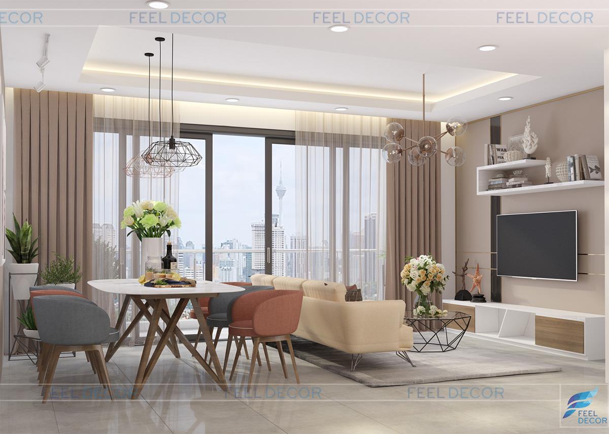 Thiết kế thi công nội thất phòng khách - ăn của căn hộ 85m2