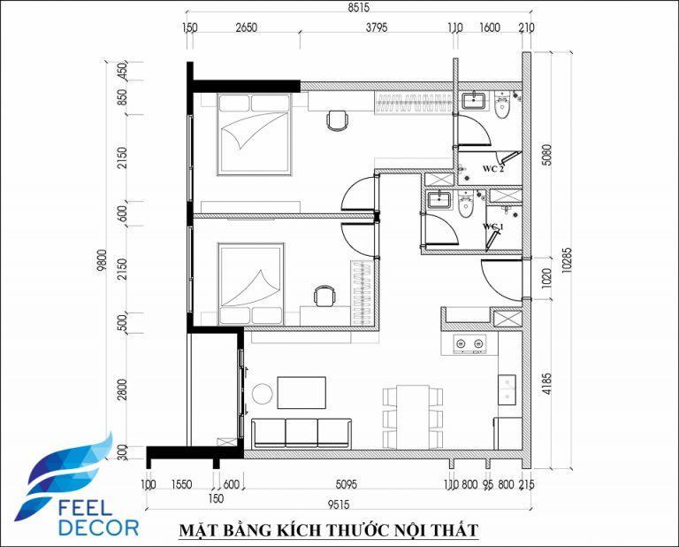 thiết kế thi công nội thất căn hộ 80m2 - 2 phòng ngủ