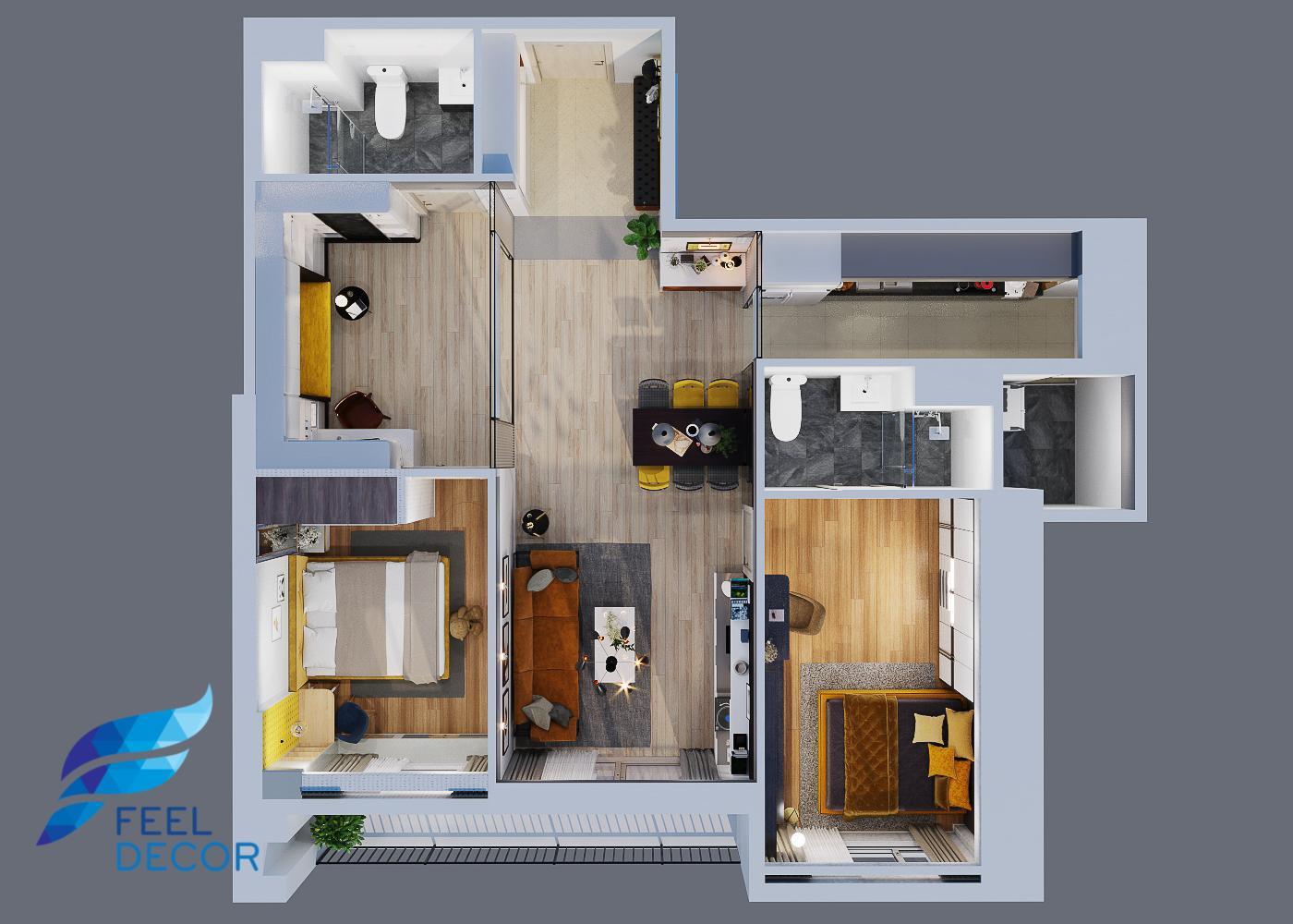 thiết kế thi công nội thất căn hộ 110m2 - 3 phòng ngủ