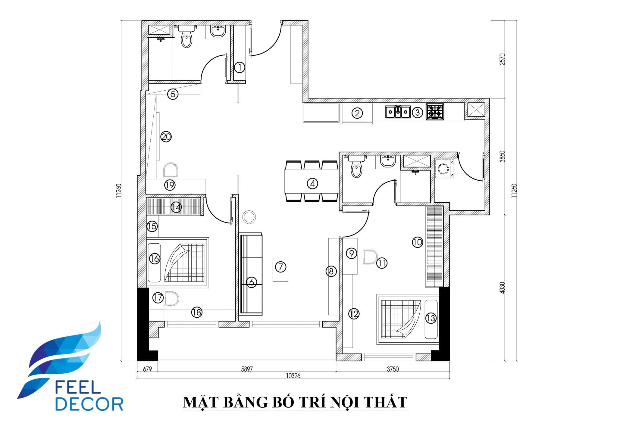 thiết kế thi công nội thất căn hộ 110m2 - 3 phòng ngủ