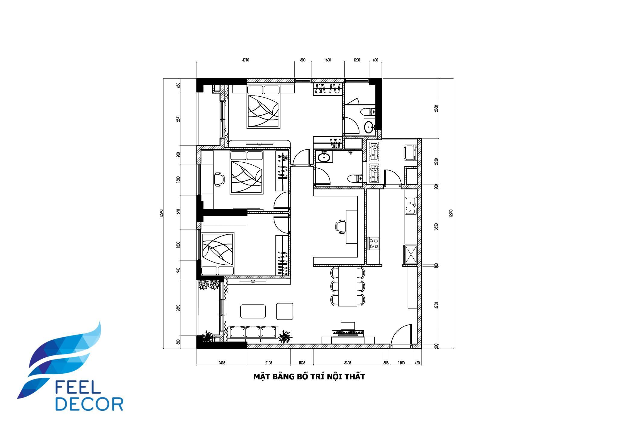 thiết kế thi công nội thất căn hộ 141m2 - 4 phòng ngủ