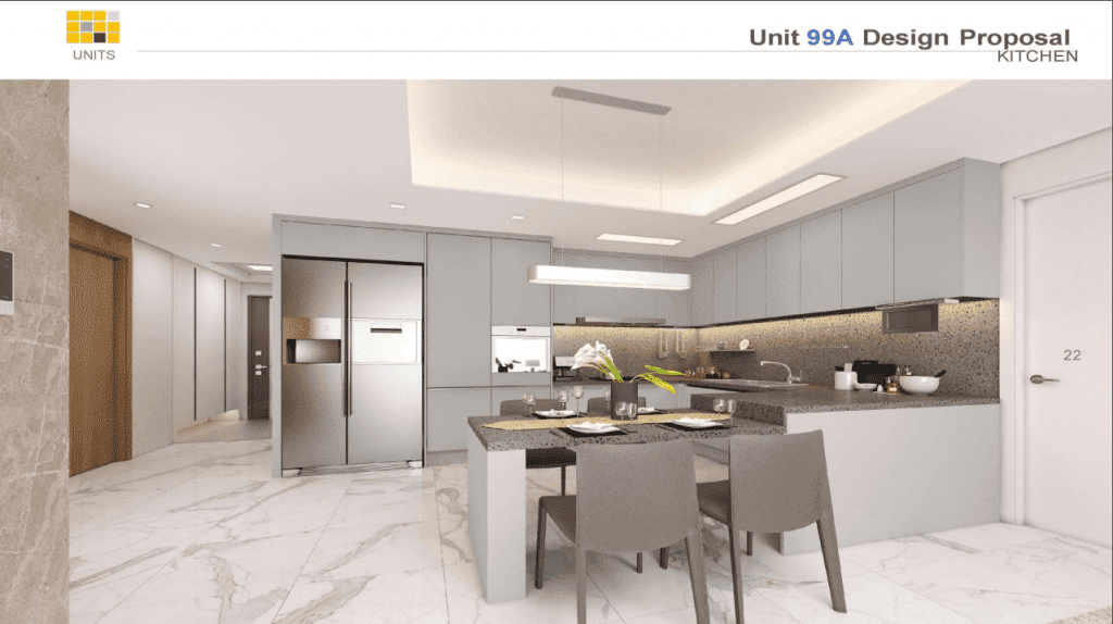 Bếp và bàn ăn trong thiết kế nội thất căn hộ Raemian city của chủ đầu tư