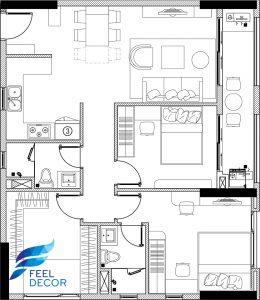 Mặt bằng bố trí nội thất căn hộ 94m2 có 3 phòng ngủ tại chung cư Richstar