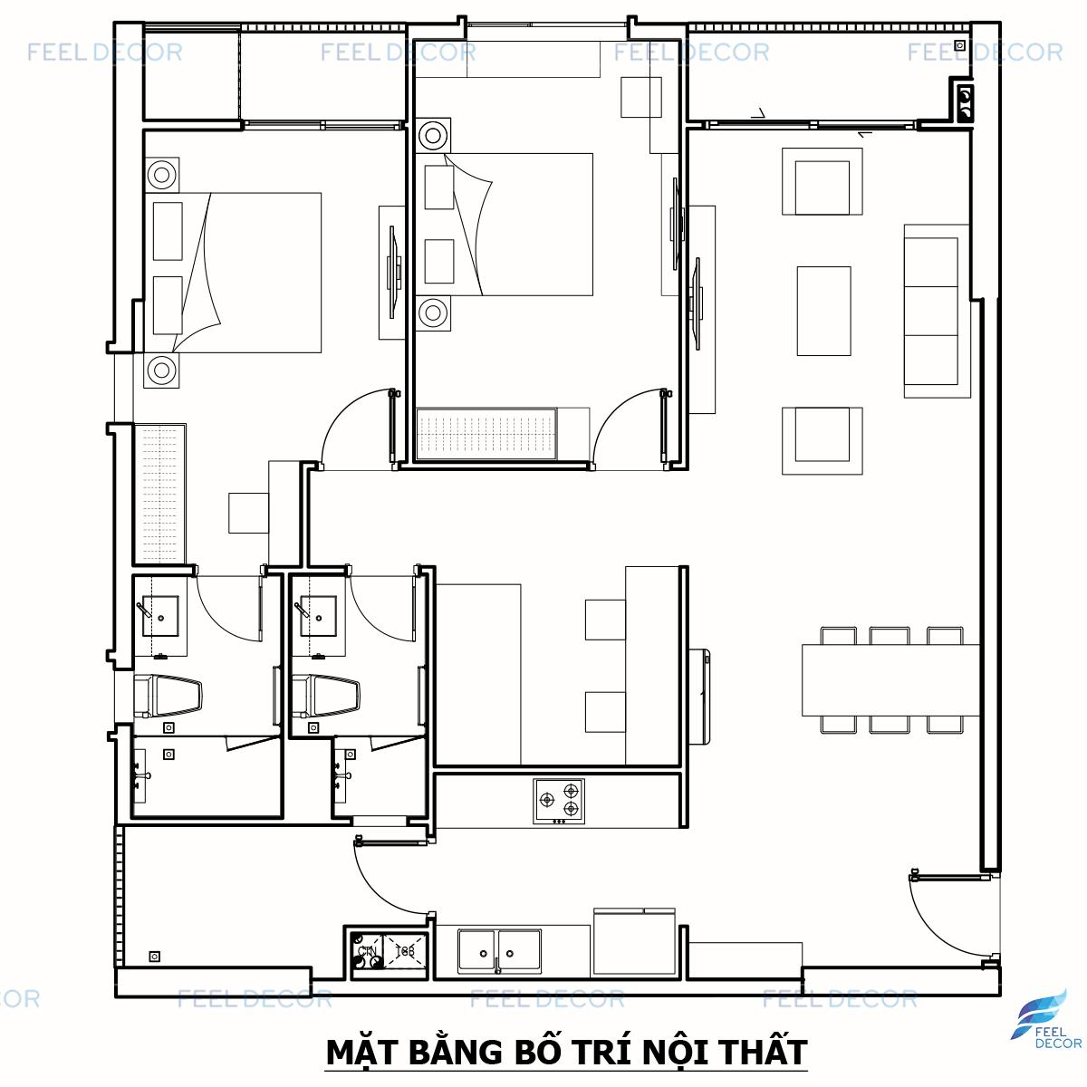 Thiết kế căn hộ chung cư 100m2 3 phòng ngủ đẹp mắt, giá rẻ