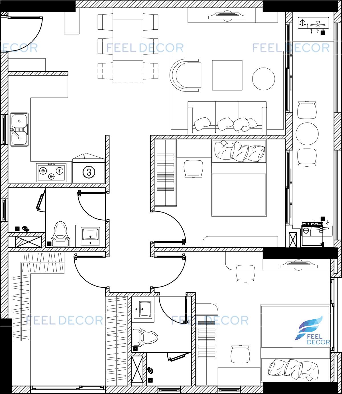 Thiết kế thi công nội thất căn hộ 94m2 2 phòng ngủ chung cư Richstar – Chủ đầu tư anh Bình