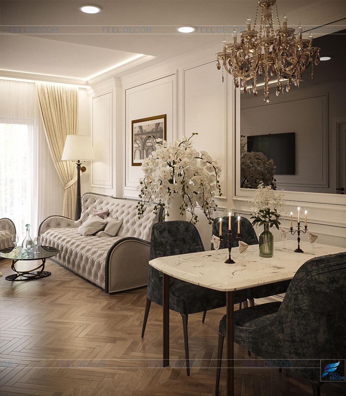 Thiết kế thi công nội thất phòng khách căn hộ 85m2 chung cư Hà Đô Centrosa