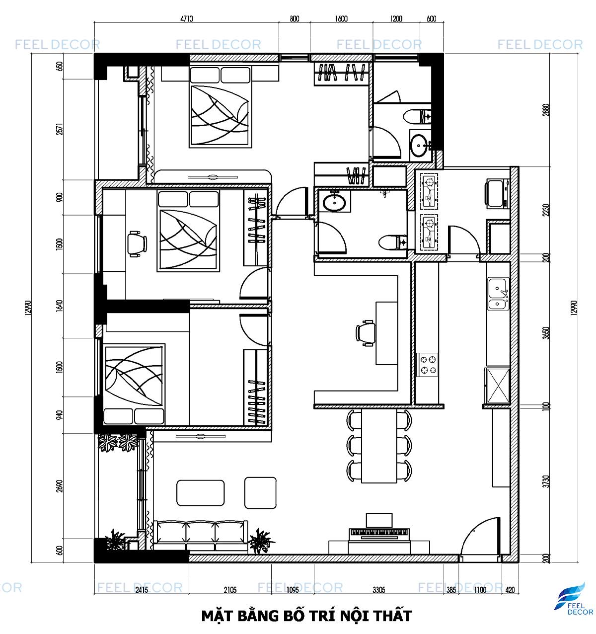 Thiết kế thi công nội thất căn hộ 141m2 3 phòng ngủ chung cư Hà Đô Centrosa