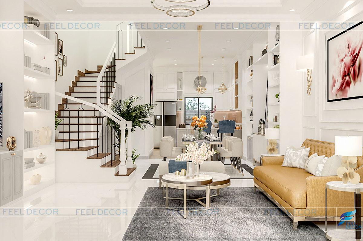 Hình ảnh 3D thiết kế nội thất phòng khách nhà phố LakeView quận 2