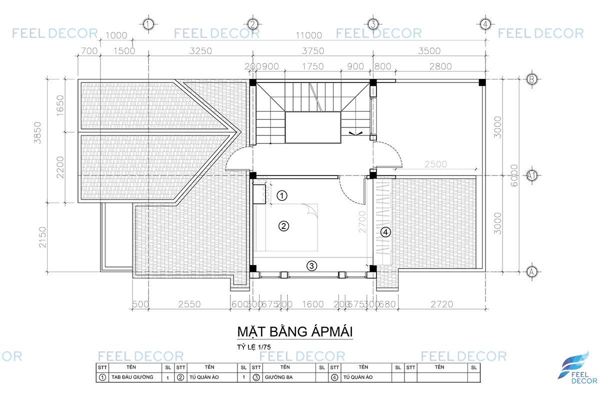 Mặt bằng thiết kế thi công nội thất gác mái nhà phố Thủ Đức.