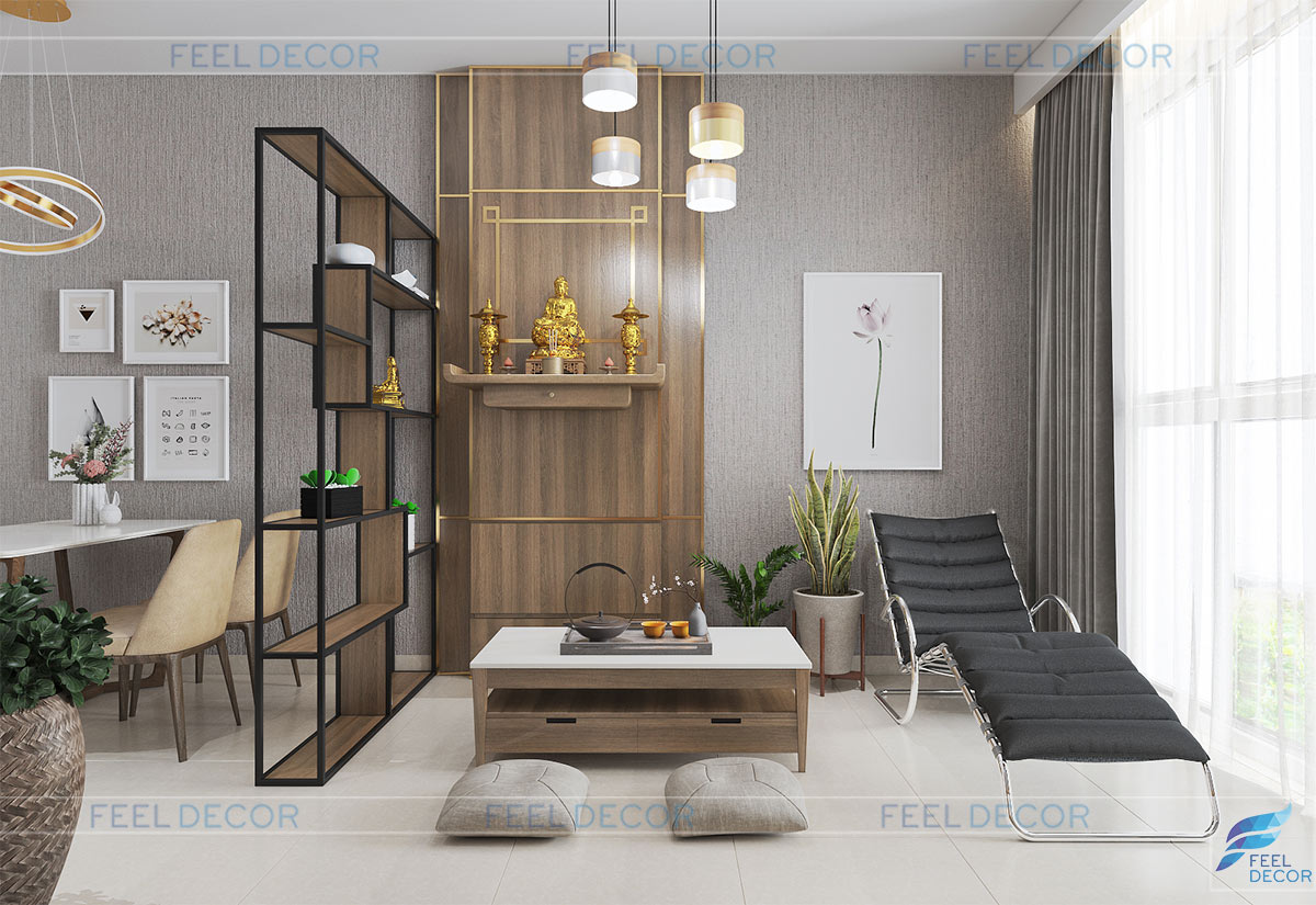 Thiết kế nội thất chung cư The Habitat với phòng khách có bàn trà ngồi bệt được lấy cảm hứng từ phong cách của người Nhật.