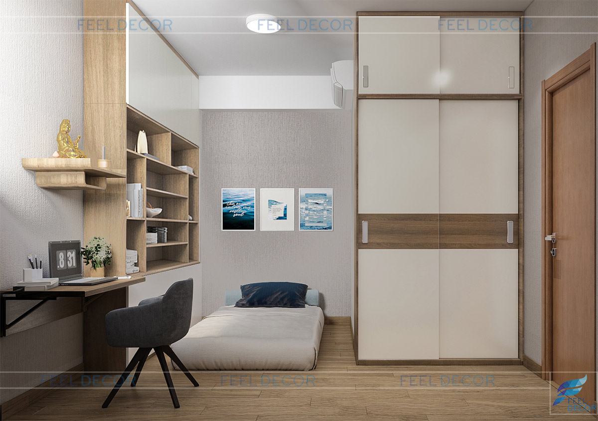 Thiết kế nội thất chung cư The Habitat với Không gian đậm phong cách Nhật với giường ngủ thiết kế bệt kết hợp cùng hệ thống tủ cửa lùa.