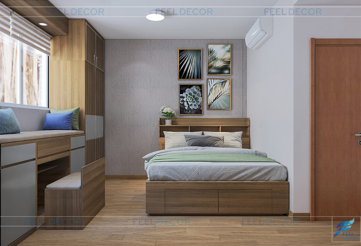 Thiết kế nội thất chung cư The Habitat với hệ kệ, tủ, bàn, ghế được thiết kế đồng phẳng, đụng trần cho phòng ngủ Master.
