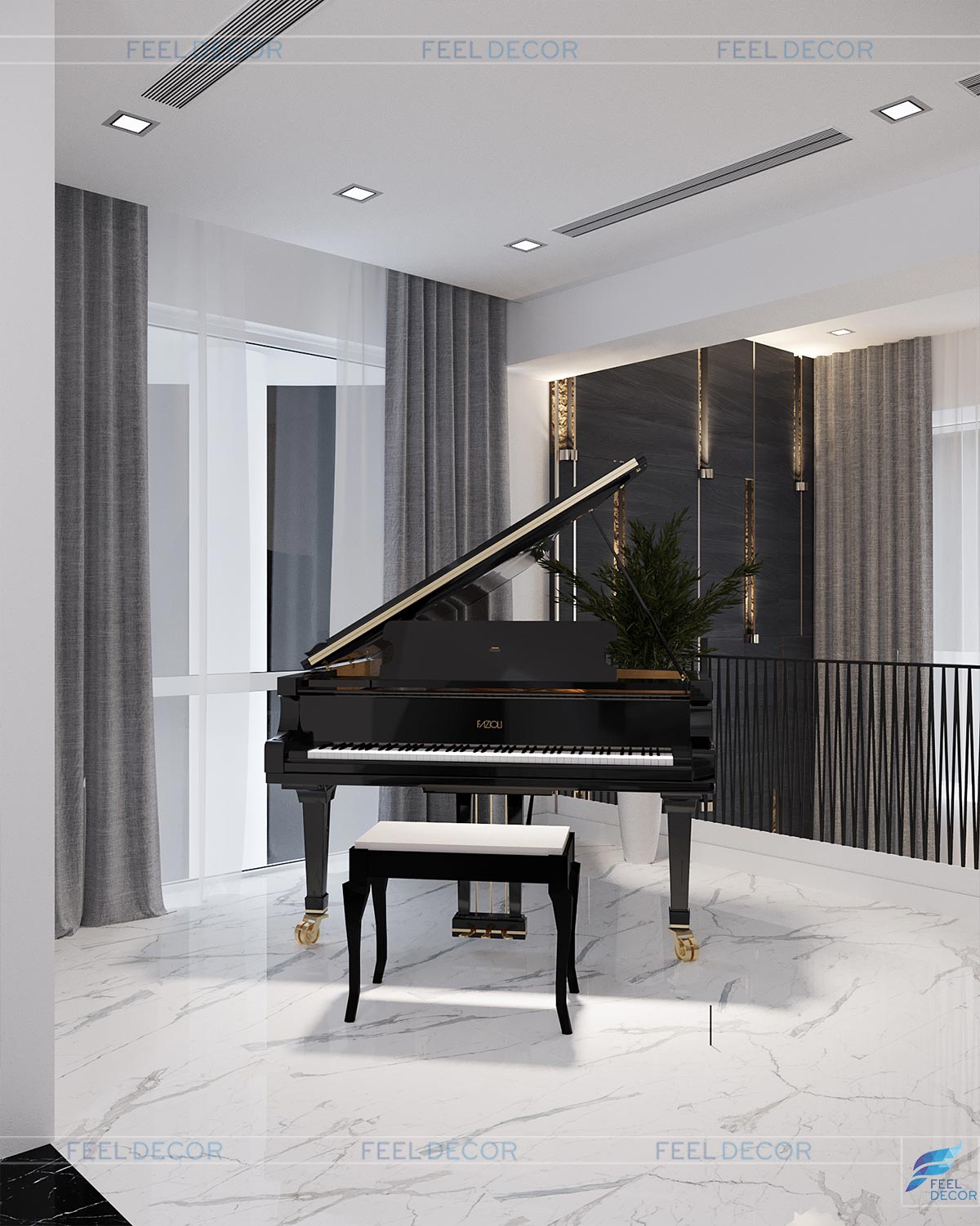 Không gian nội thất mở đầu cho tầng 1 căn Penthouse Riverpark là không gian sinh hoạt chung với chiếc đàn piano