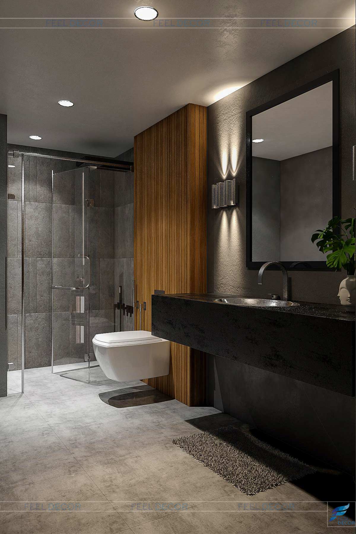 Không gian nội thất phòng tắm tầng 1 của căn penthouse Riverparkcuốn hút bởi nét thô mộc.