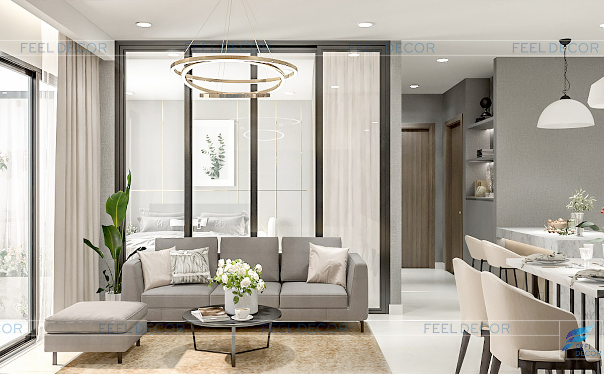 Thiết kế nội thất phòng khách căn hộ Kingdom 101: Khu vực khách - bếp - bàn ăn được thiết kế liên kết tạo không gian mở rộng phóng khoáng