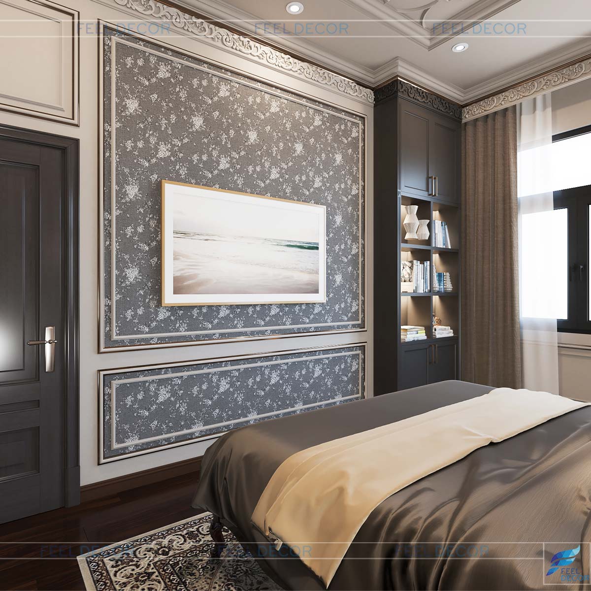 Thiết kế nội thất phong ngủ Master Tân cổ điển với khung cửa sổ đón ánh nắng ấm áp vào khắp căn phòng