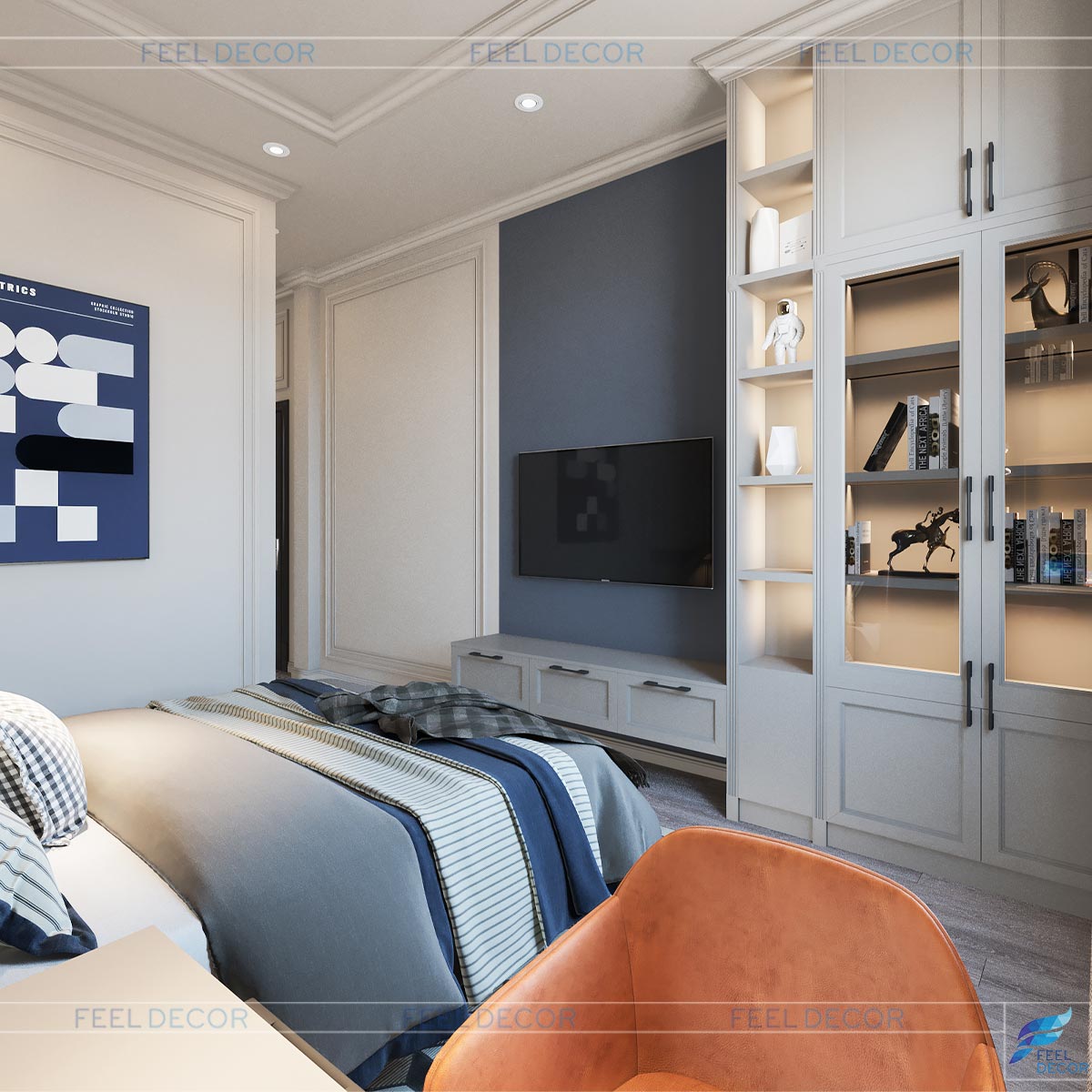 Phòng ngủ phụ được thiết kế với tone màu trung tính cùng điểm sắc xanh tạo không gian mới lạ cho biệt thự Tiền Giang anh Việt