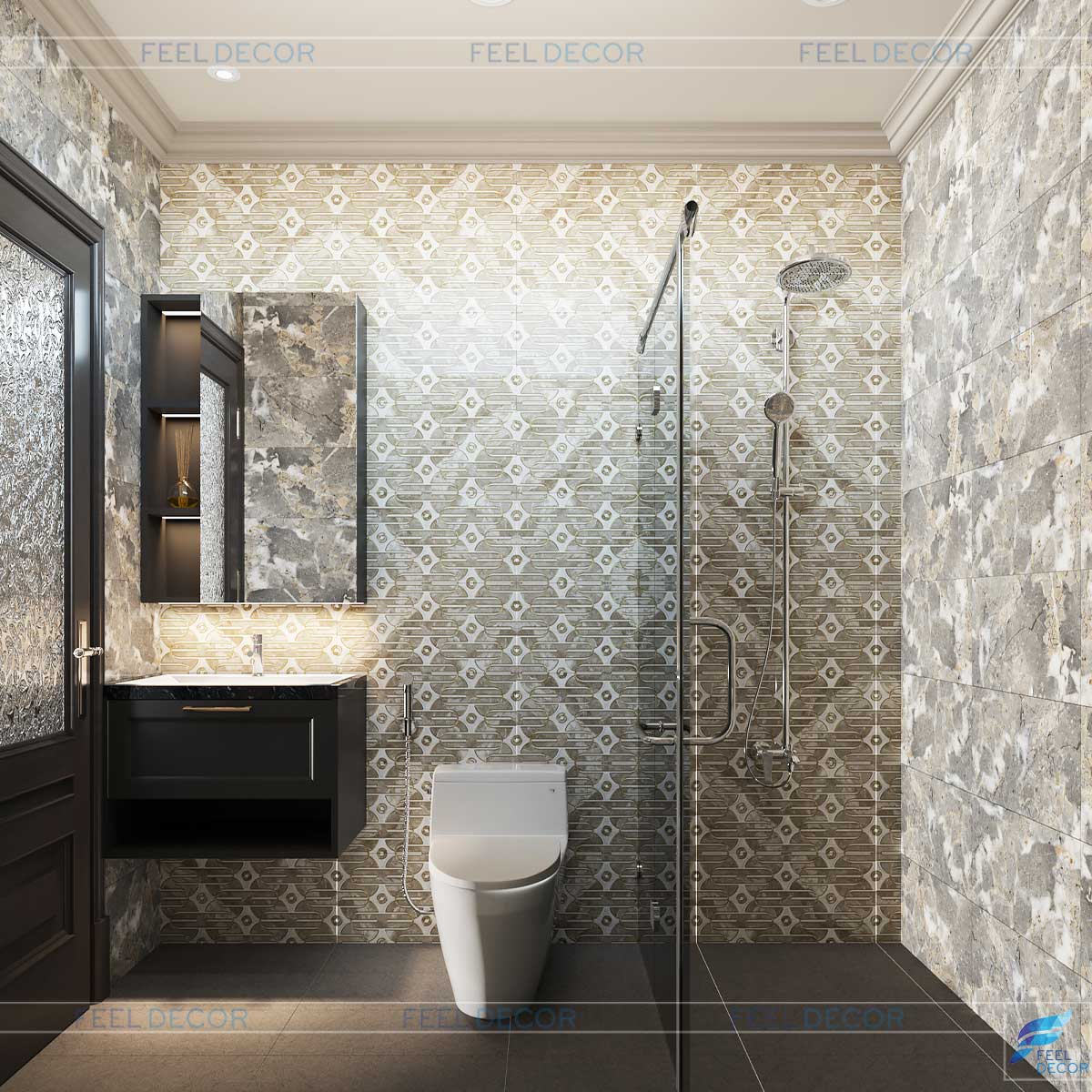 Phòng vệ sinh phong cách Tân cổ điển được thiết kế tinh tế khi ngăn cách phòng tắm và vệ sinh bằng tấm kính tao nhã